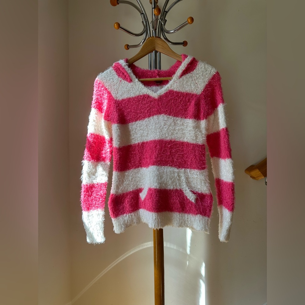 Fuzzy Pink Striped Warm Knitted Female V Neck Long Sleeve Hooded Sweater